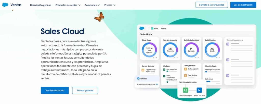 Panel de Salesforce Sales Cloud con pipeline de ventas, tareas y automatización de flujos potenciada por IA