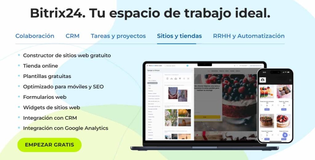 Interfaz de Bitrix24 mostrando su constructor de sitios web y tienda online, una de las alternativas a Whato CRM