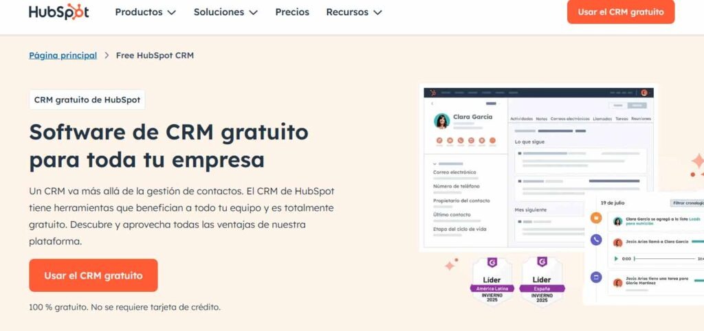 CRM gratuito de HubSpot mostrando ficha de contacto con actividades, correos y seguimiento de cliente