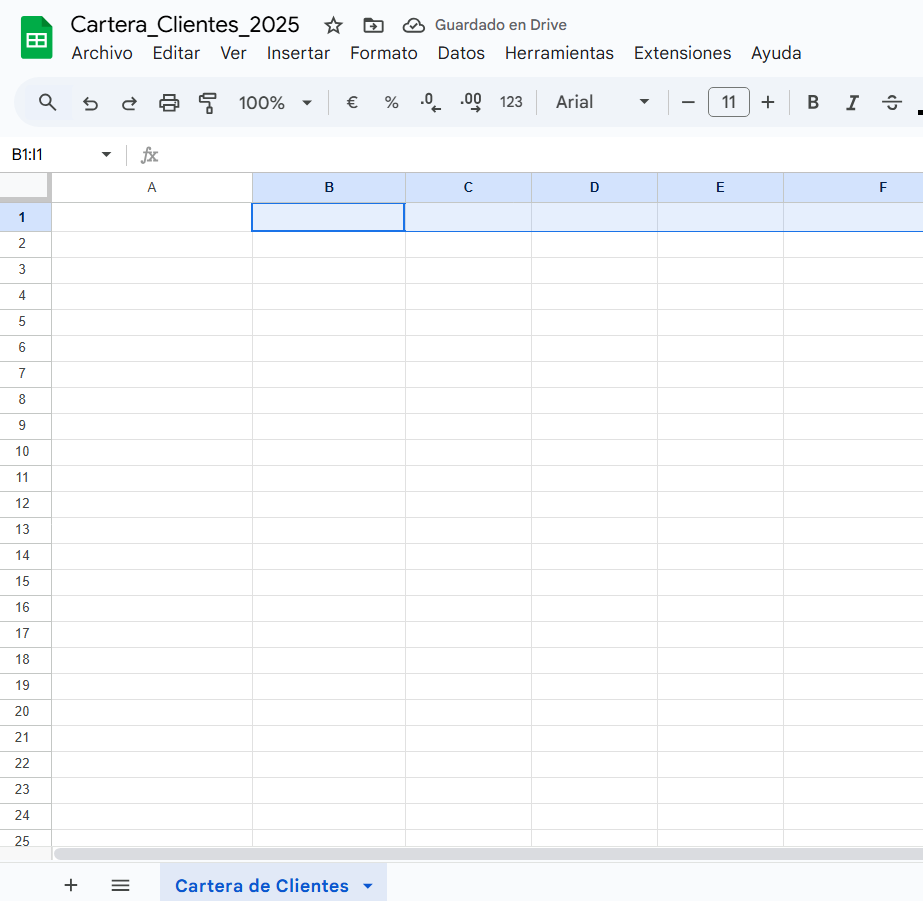 Pantalla de creación de archivo en Excel