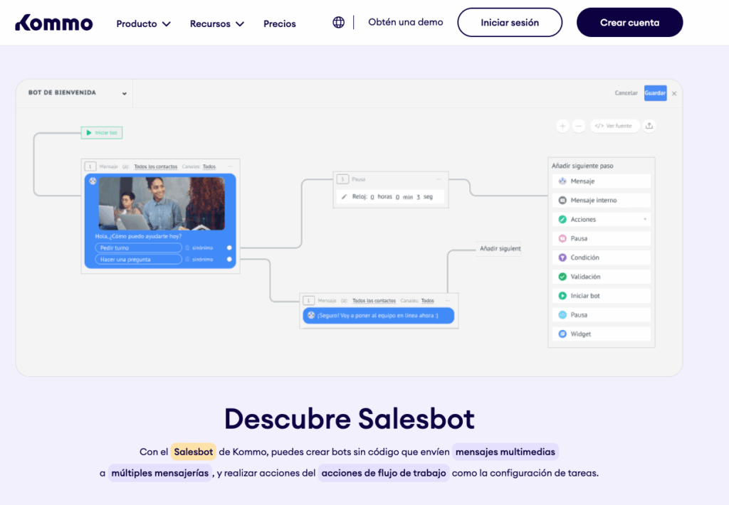 Constructor de bots Salesbot de Kommo para automatizar mensajes en WhatsApp y otras mensajerías sin código.