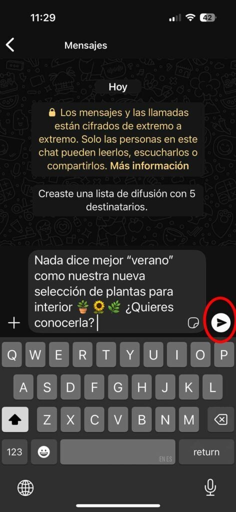 Captura de pantalla de la app WhatsApp Business mostrando el primer paso para enviar mensajes masivos creando listas de difusión: escribir el mensaje