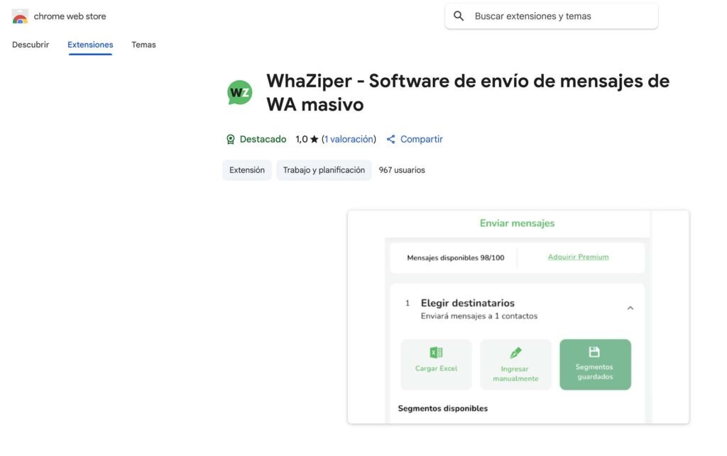 Captura de pantalla de la página de descarga de WhaZiper en Chrome Web Store