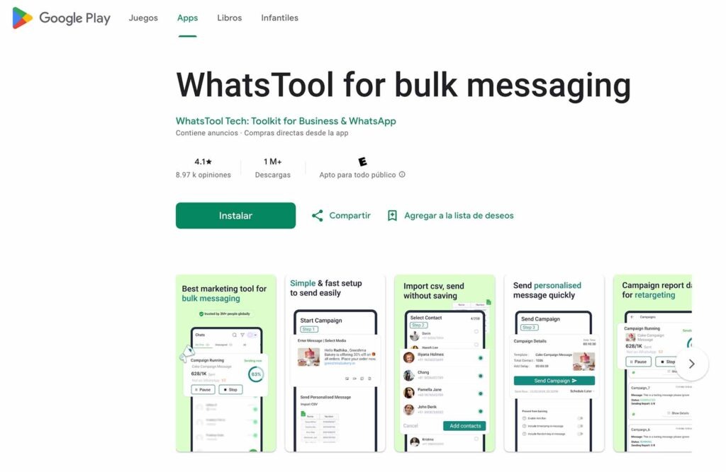 Captura de pantalla de la página de descarga de WhatsTool en Google Play