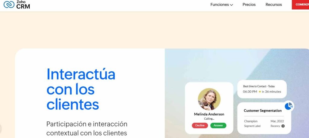 Pantalla de Zoho CRM con funciones de interacción con clientes, llamadas y segmentación de contactos