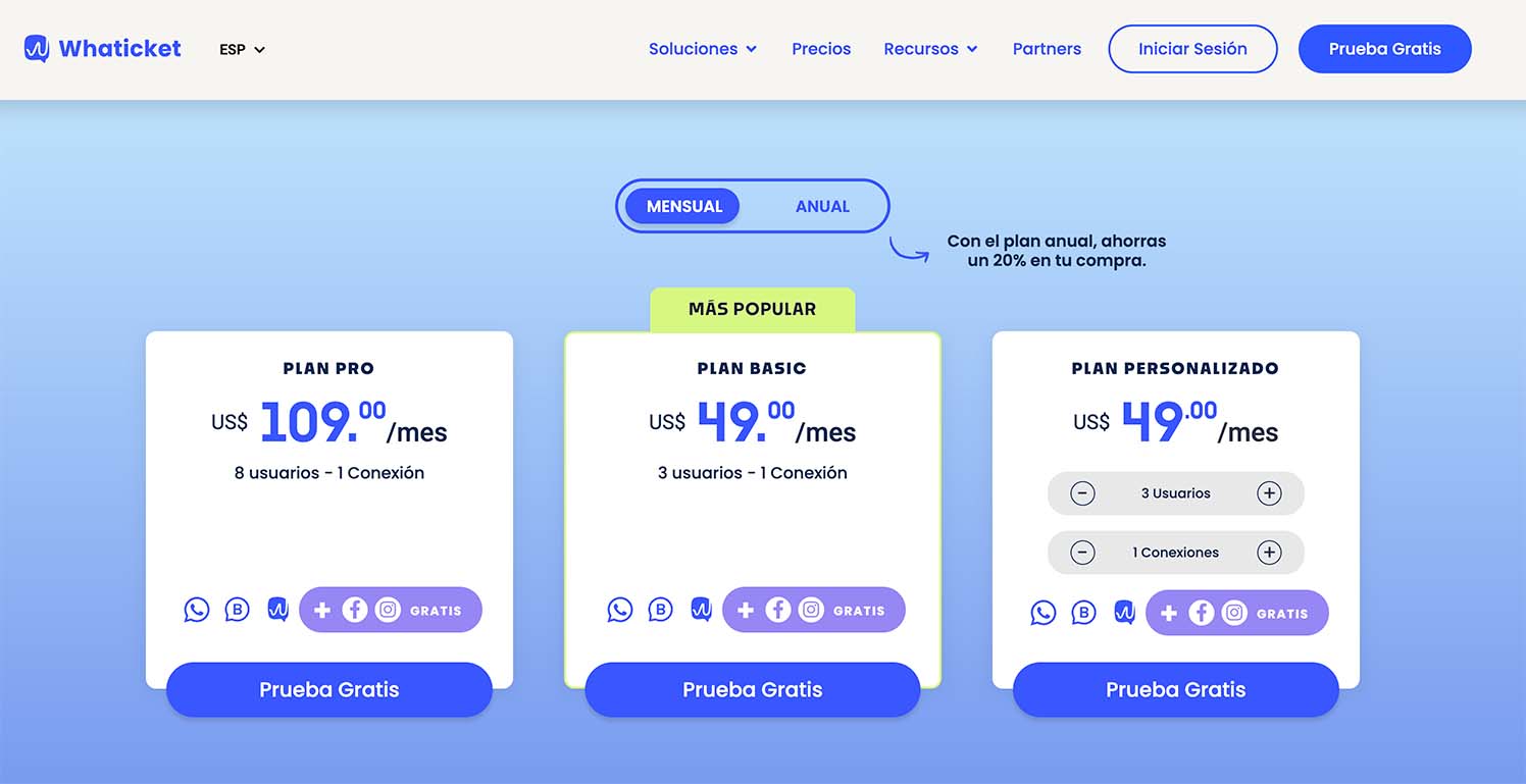 Captura de pantalla de la sección de precios de la página web de Whaticket