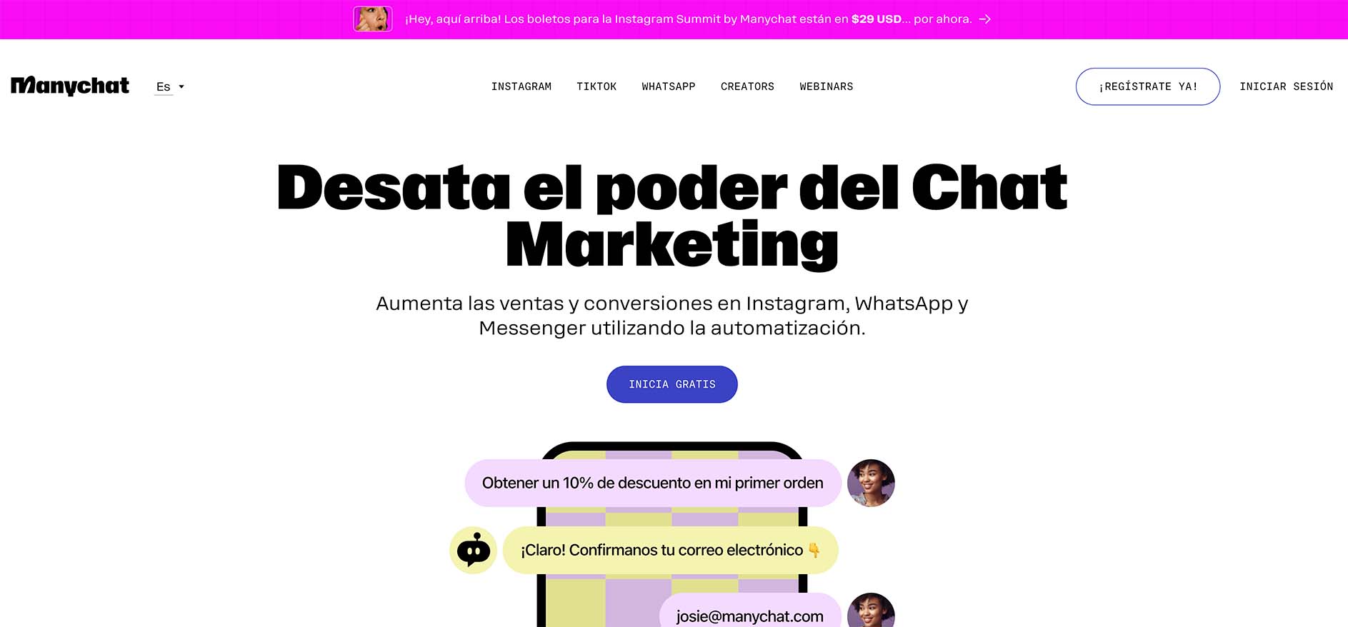 Captura de pantalla de la página web de Manychat, una de las inteligencias artificiales más usadas para responder mensajes de whatsapp