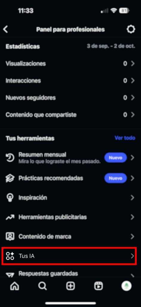 Captura de pantalla de Instagram que muestra cómo elegir la opción Tus IA
