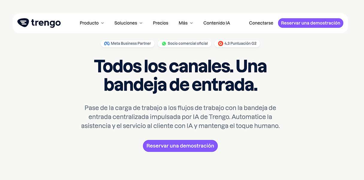 Captura de pantalla de la página web de Trengo