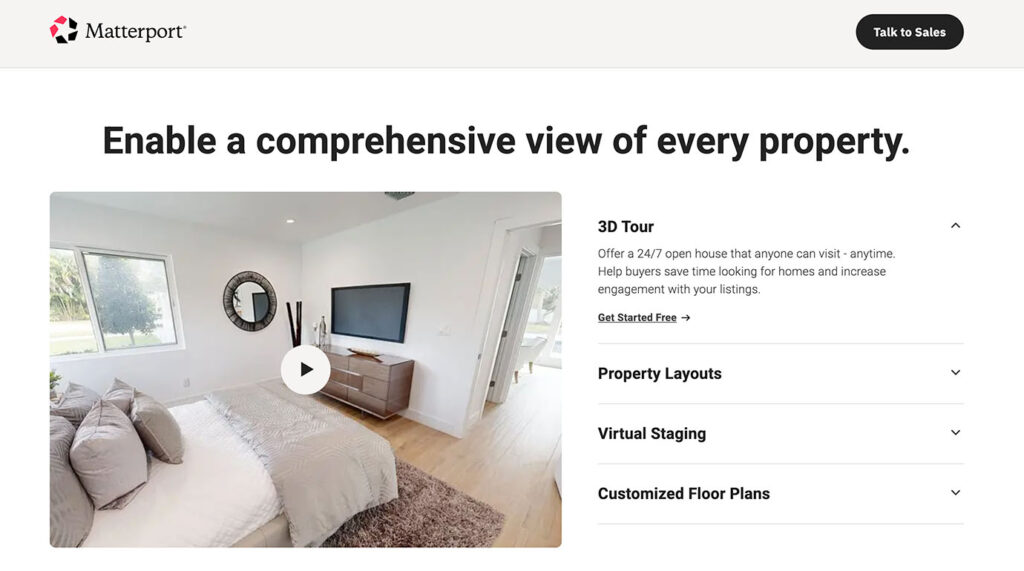 Captura de pantalla de la página web de Matterport