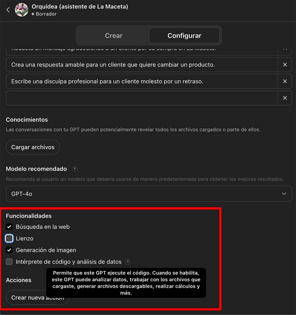 captura de pantalla del cuarto paso en el creador de gpt de chatgpt: activar capacidades adicionales