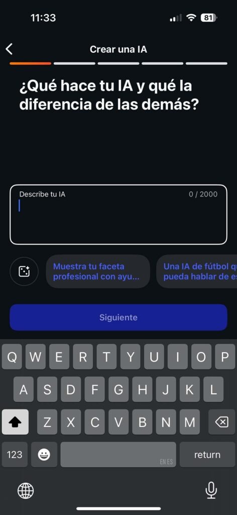 Captura de pantalla del formulario "Crear una IA" en Instagram, con el campo para describir qué hace la IA y qué la diferencia de otras.