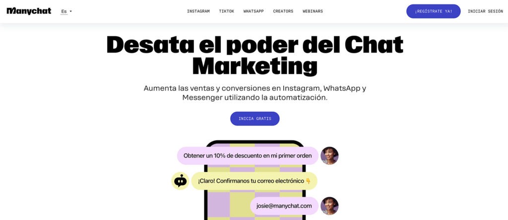Captura de pantalla de la página web de ManyChat con el mensaje "Desata el poder del Chat Marketing".