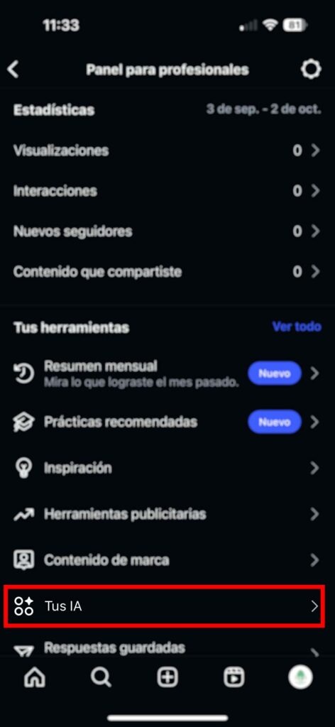 Captura de pantalla del Panel para profesionales de Instagram con la opción "Tus IA" resaltada dentro de la sección Tus herramientas.