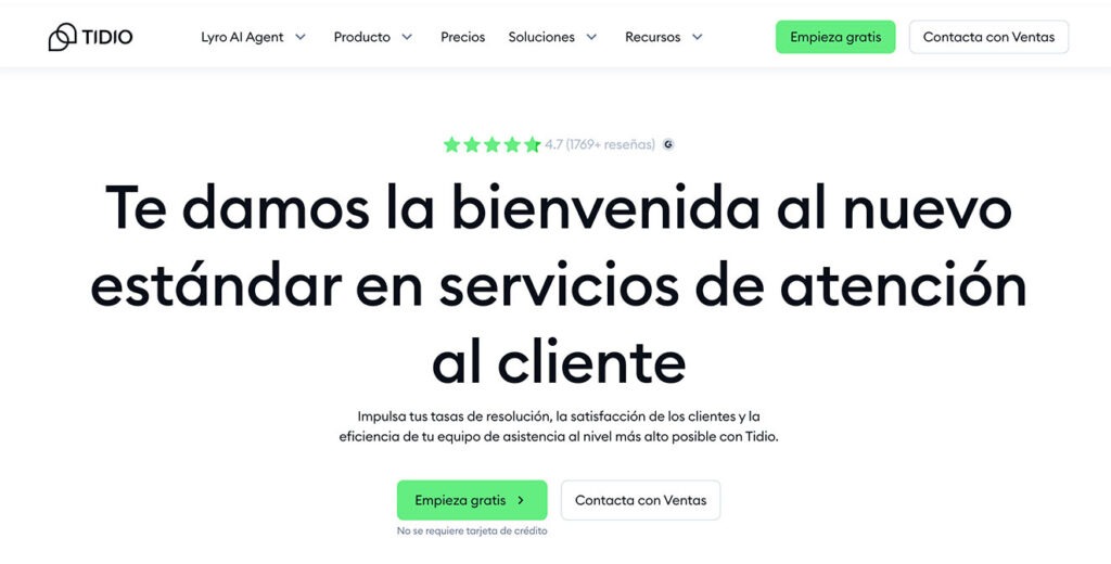 Captura de pantalla de la página web de Tidio anunciando su estándar de atención al cliente.