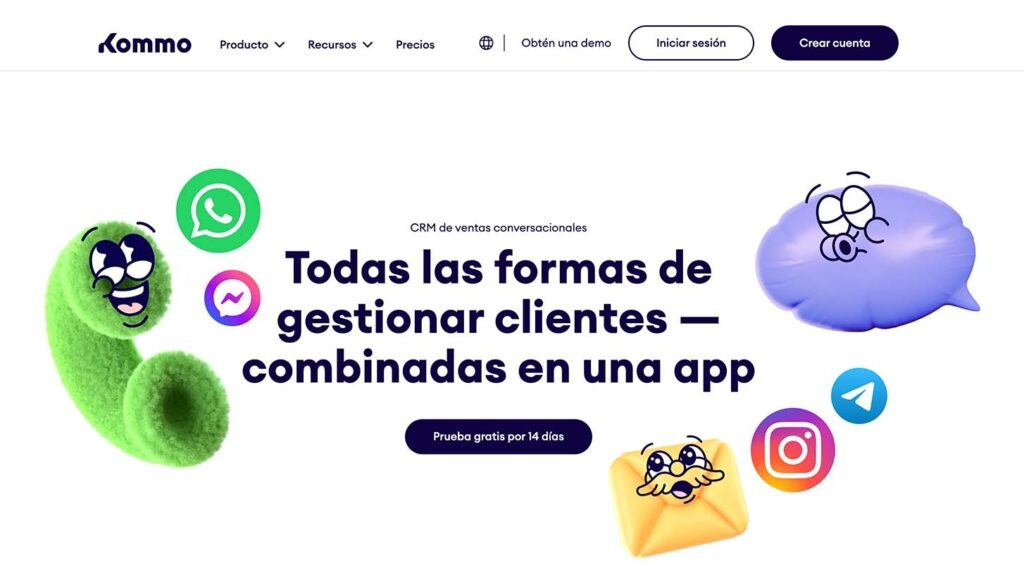 Captura de pantalla de la página web de Kommo con el mensaje "Todas las formas de gestionar clientes, combinadas en una app"