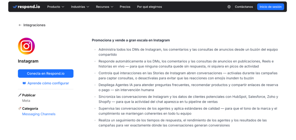 Captura de pantalla de la página web de Respond.io mostrando sus funciones para Instagram: buzón compartido, respuestas automáticas y agentes de IA.