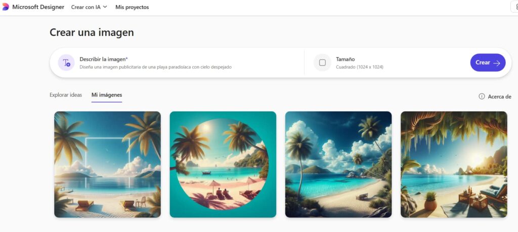 Imagen de una playa creada por Copilot