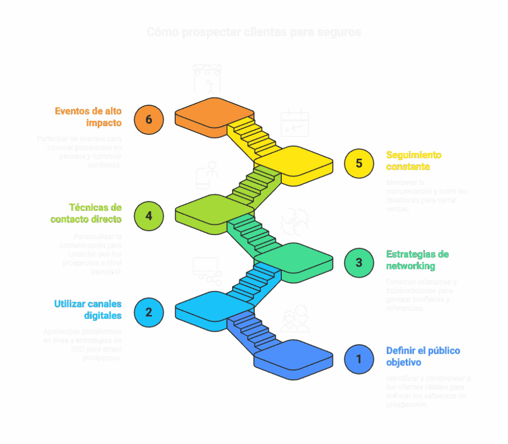 Diagrama que muestra 6 pasos para prospectar clientes para seguros: definir el público objetivo, utilizar canales digitales, crear estrategias de marketing, técnicas de contacto directo, seguimiento constante y eventos de alto impacto.