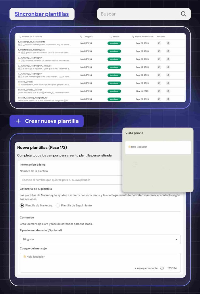 Interfaz de Leadsales CRM para crear plantillas de mensajes de WhatsApp API