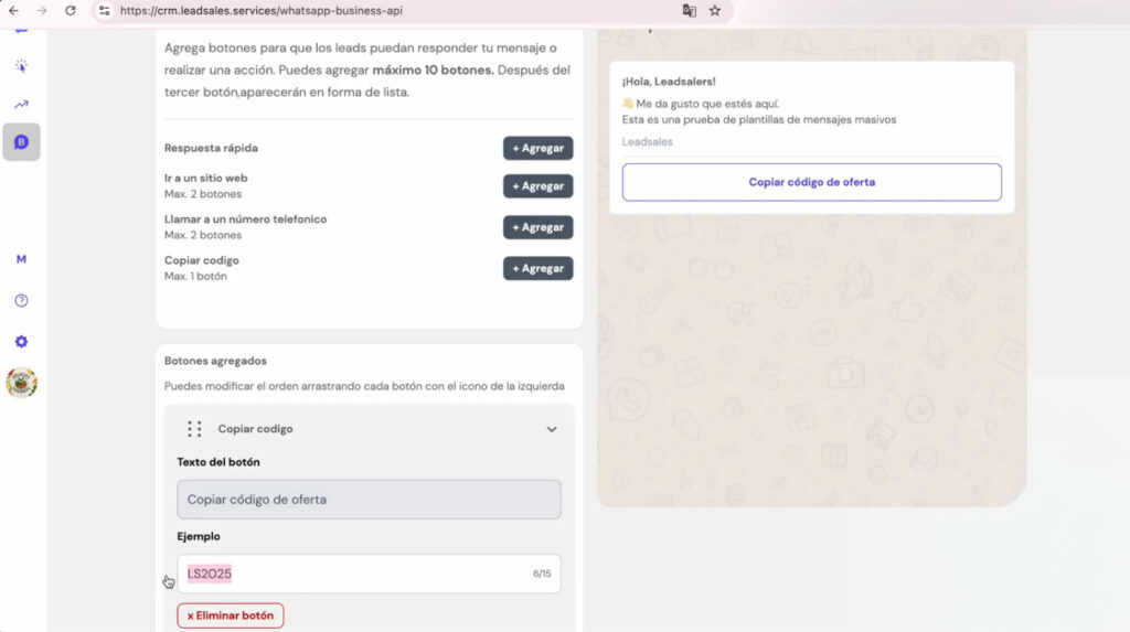 Captura de pantalla que muestra cómo usar el botón "copiar un código" en las plantillas de WhatsApp API dentro de Leadsales