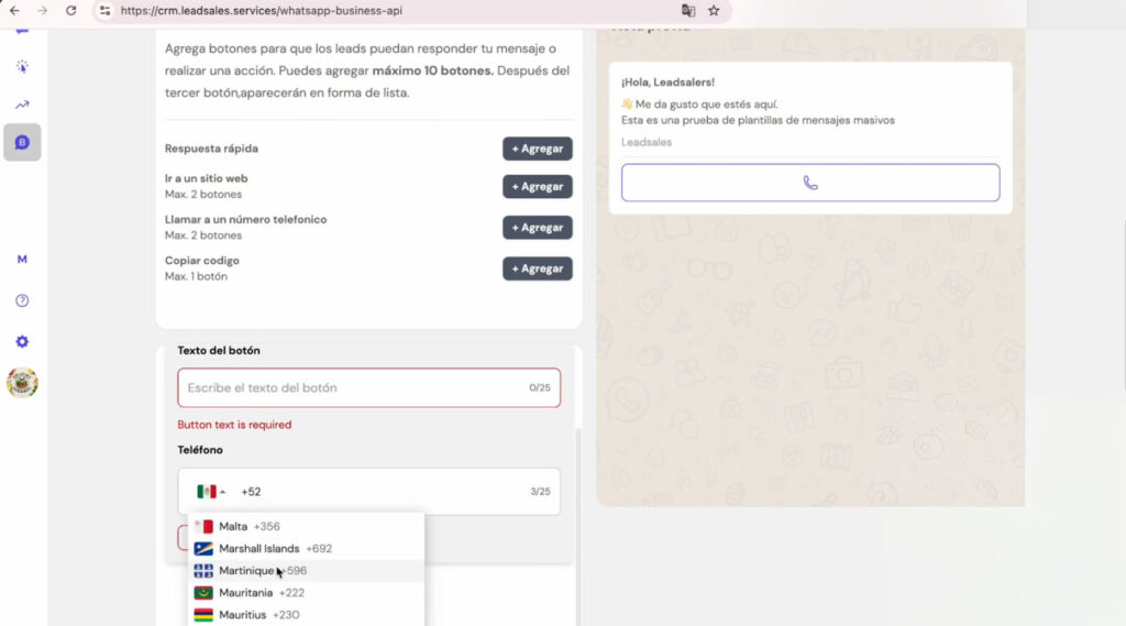 Captura de pantalla que muestra cómo usar el botón "llamar a un número telefónico" en las plantillas de WhatsApp API dentro de Leadsales