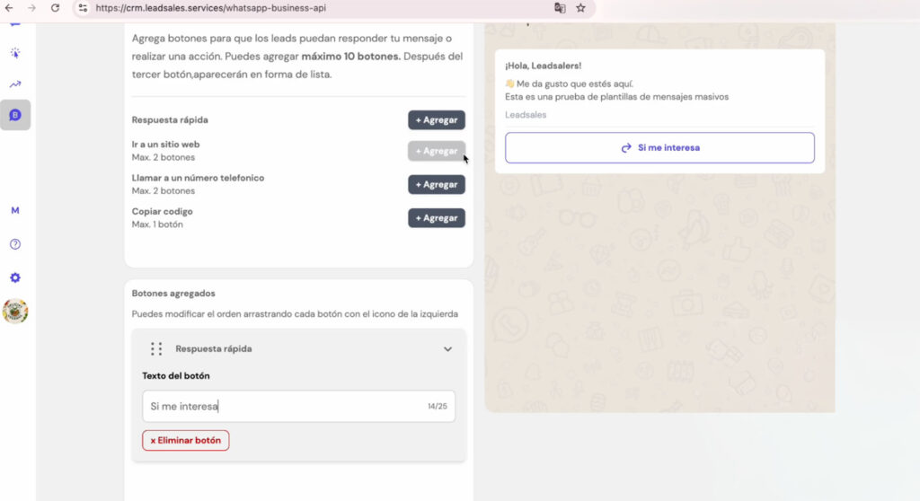Captura de pantalla que muestra cómo usar el botón "respuesta rápida" en las plantillas de WhatsApp API dentro de Leadsales