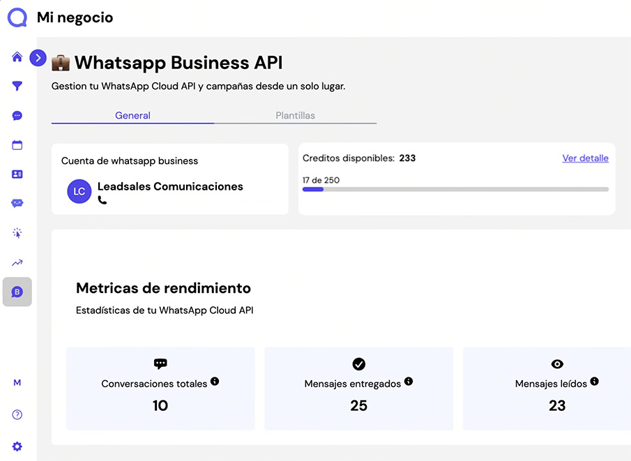 Captura de pantalla del panel principal de Leadsales que muestra el paso 1 para mandar mil mensajes por WhatsApp: acceder al módulo de WhatsApp dentro de Leadsales
