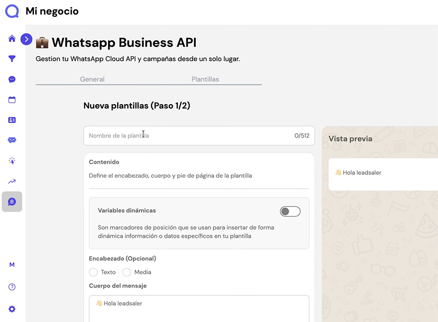 Captura de pantalla del panel principal de Leadsales que muestra el paso 2 para mandar mil mensajes por WhatsApp: crear la plantilla que usarás para tus mensajes masivos