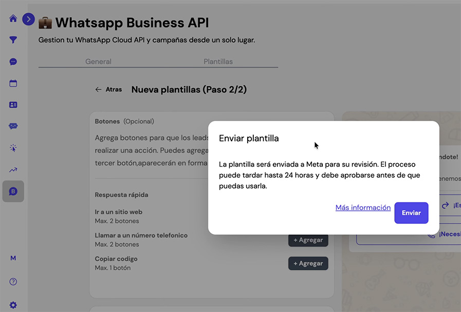 Captura de pantalla del panel principal de Leadsales que muestra el paso 4 para mandar mil mensajes por WhatsApp: enviar la plantilla para aprobación de Meta