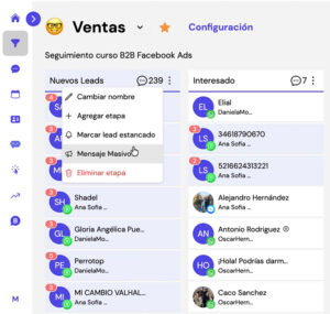 Captura de pantalla del panel principal de Leadsales que muestra el paso 5 para mandar mil mensajes por WhatsApp: usar embudos para filtrar contactos