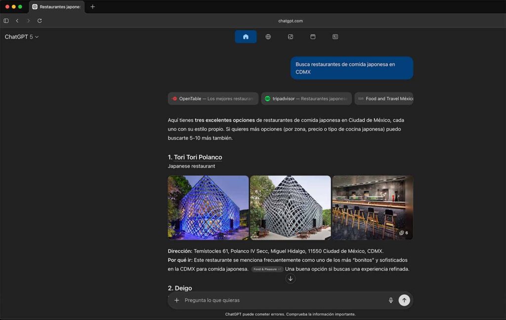 Captura de pantalla que muestra el paso 5 para usar Atlas GPT: alternar entre resultados de IA y búsqueda tradiciona