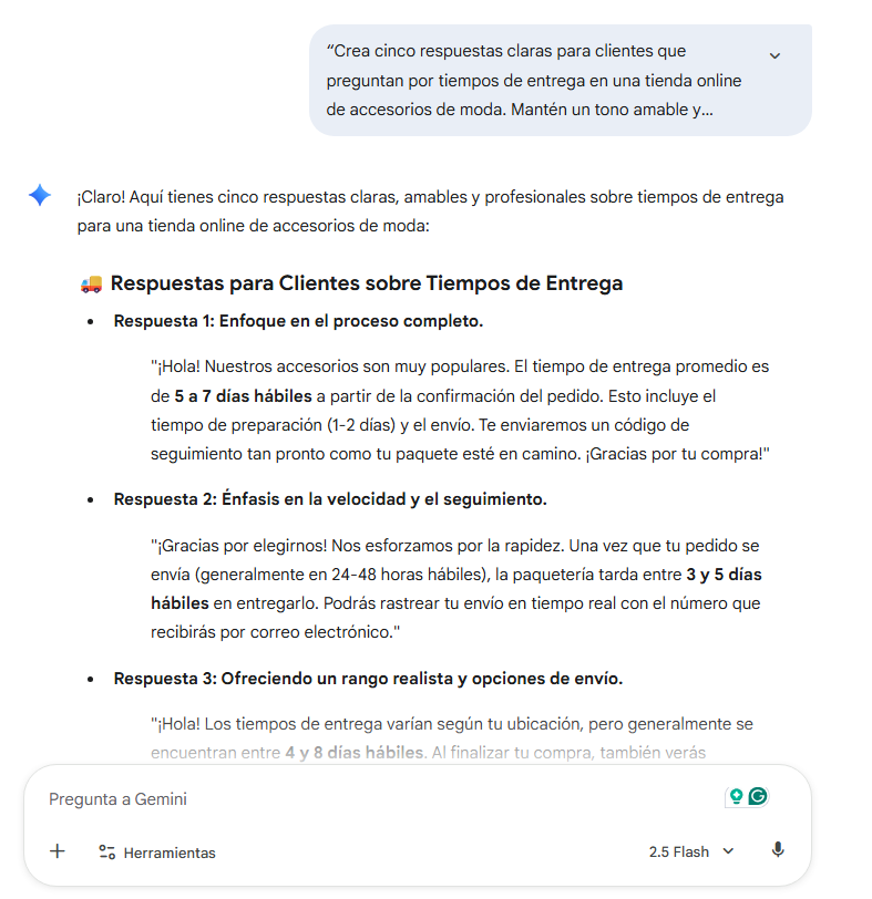 Ejemplo de prompt en Gemini para seguimiento de pedidos