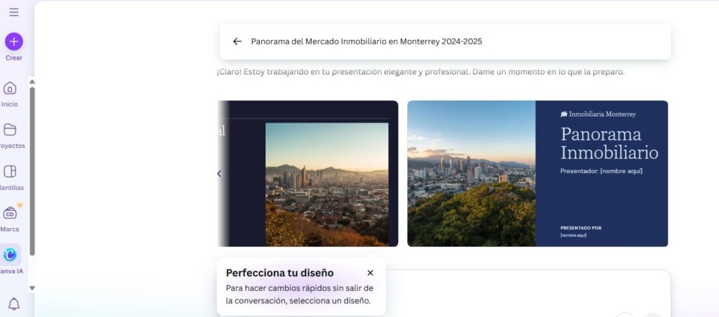 Pantalla de Canva con una presentación
