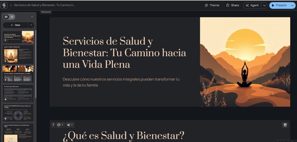 Pantalla de Gamma con los slides de una presentación