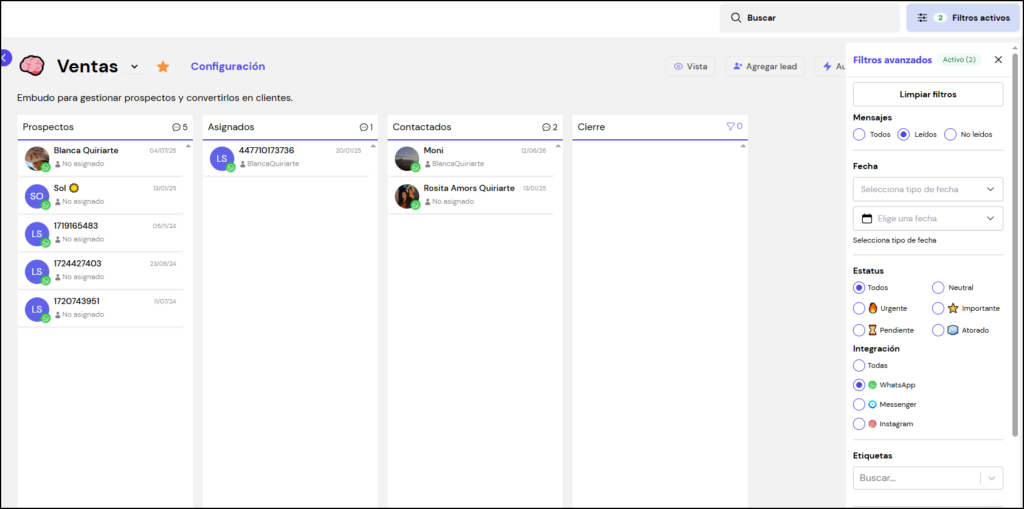 Configuración de función de filtros en embudos de Leadsales