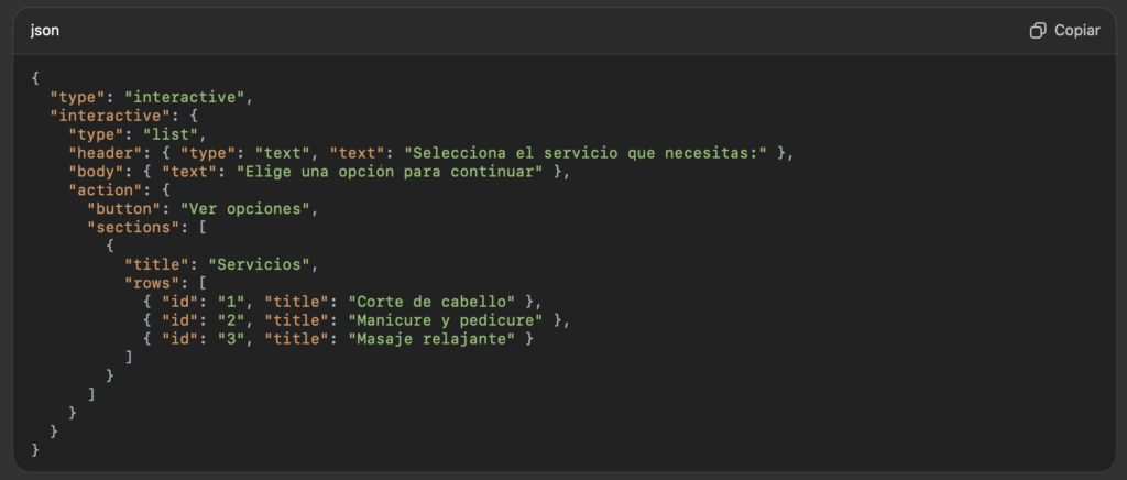 Captura de pantalla de un ejemplo de mensaje interactivo de WhatsApp escrito en formato JSON