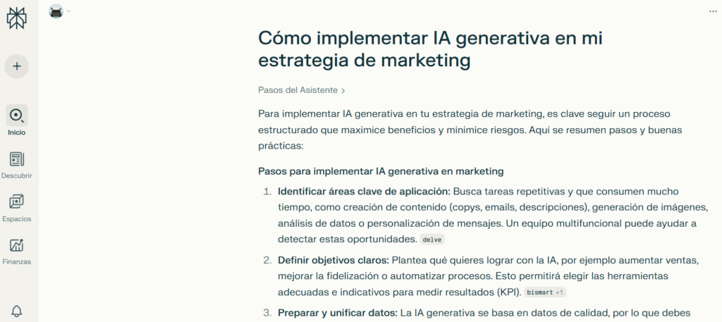 Interfaz de Perplexity AI mostrando una respuesta estructurada con pasos para implementar IA generativa en una estrategia de marketing