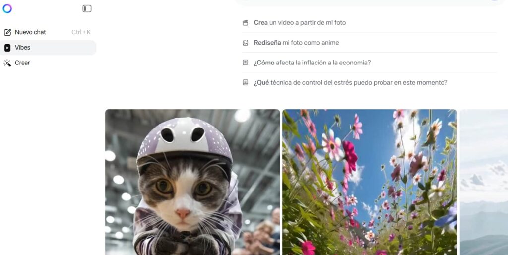 Interfaz de Meta AI mostrando opciones de creación de contenido visual e imágenes