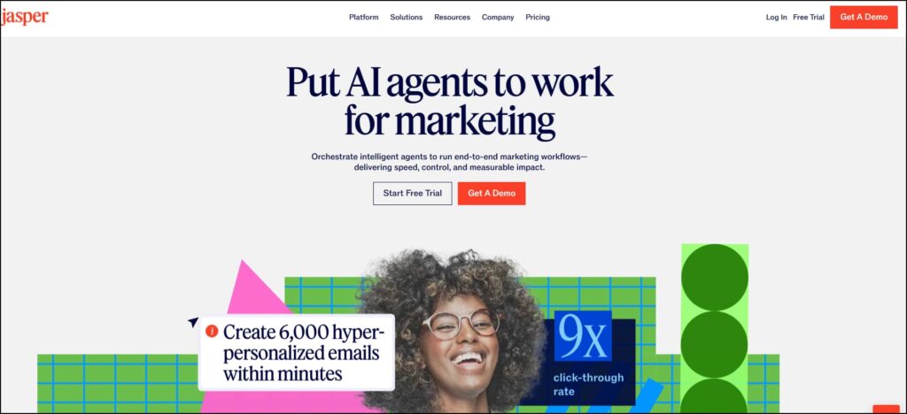 Página principal de Jasper AI destacando su propuesta de automatización de contenido para marketers