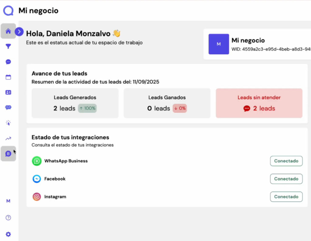 Captura de pantalla del paso 1 para crear plantillas de mensajes interactivos en Leadsales