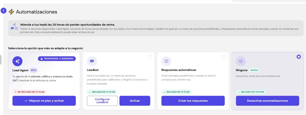 Sección de automatizaciones disponibles en Leadsales CRM