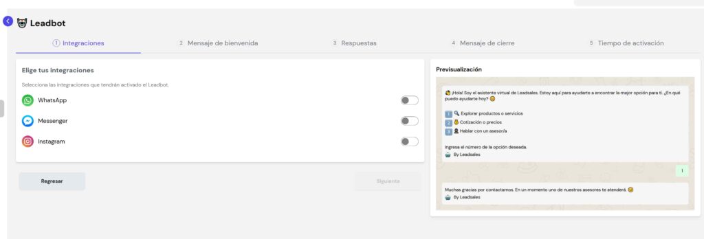Pantalla de configuración de Leadbot de Leadsales