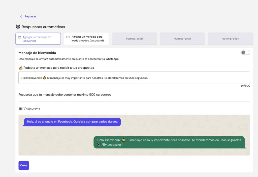 Pantalla de configuración de respuestas automáticas de Leadsales