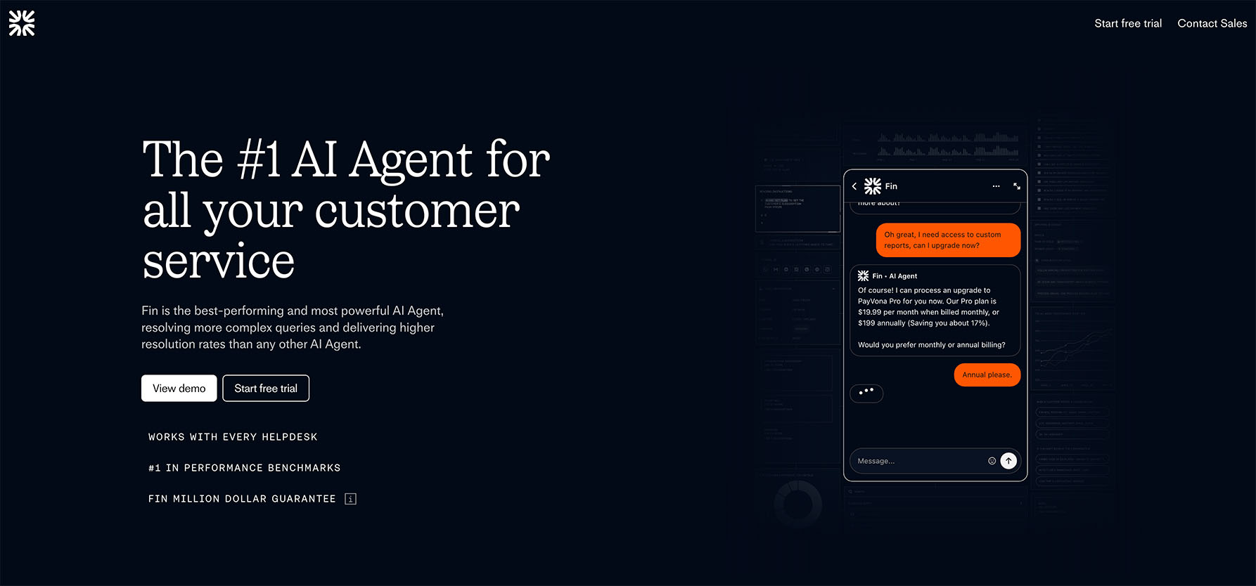 Captura de pantalla del home de la página web de Intercom Fin AI