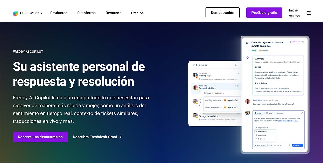 Captura de pantalla del home de la página web de Freshdesk Freddy AI Copilot