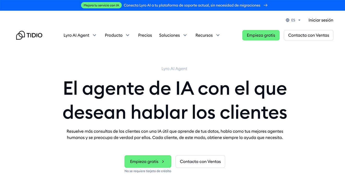 Captura de pantalla del home de la página web de Tidio