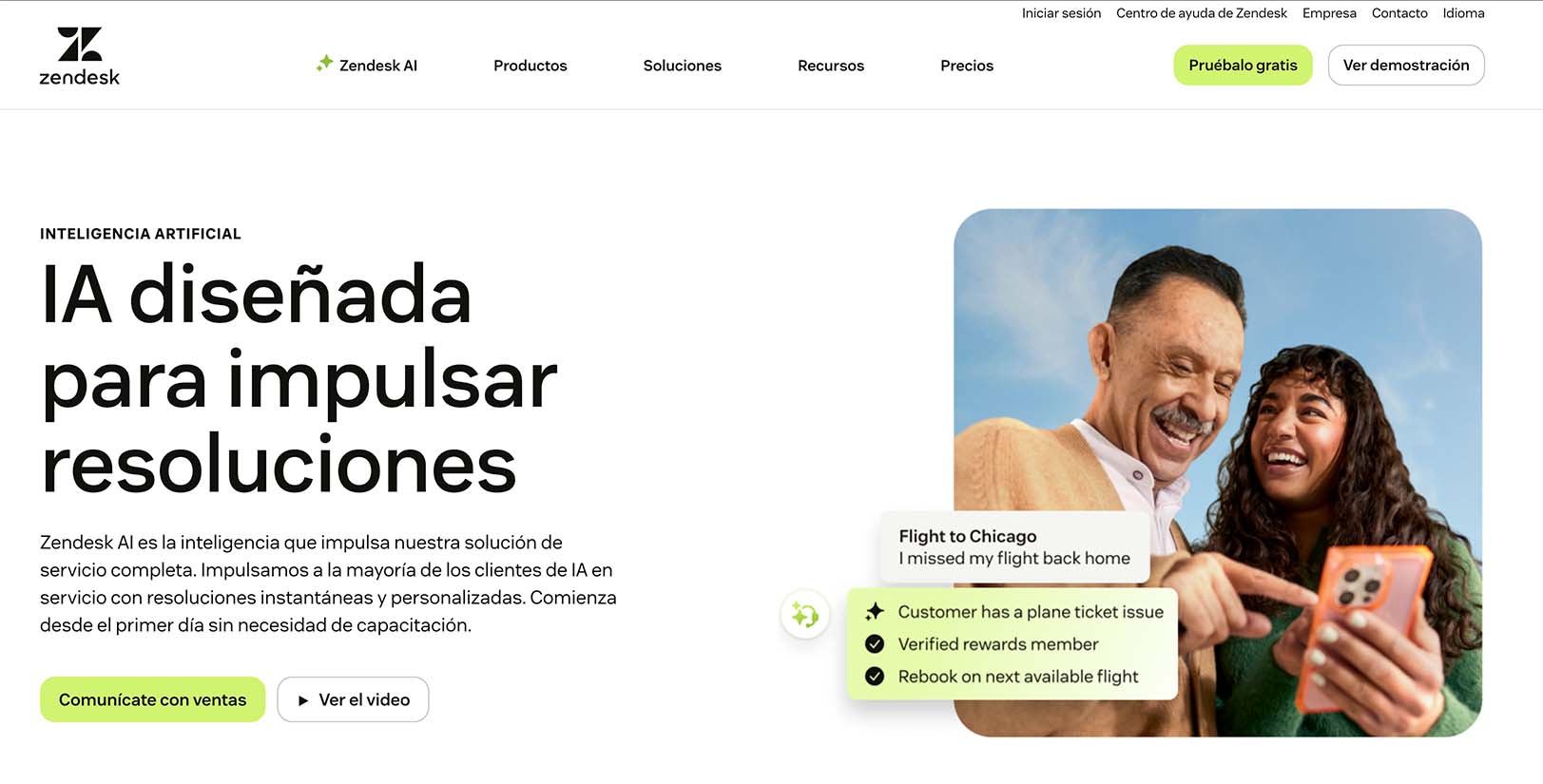 Captura de pantalla del home de la página web de Zendesk IA