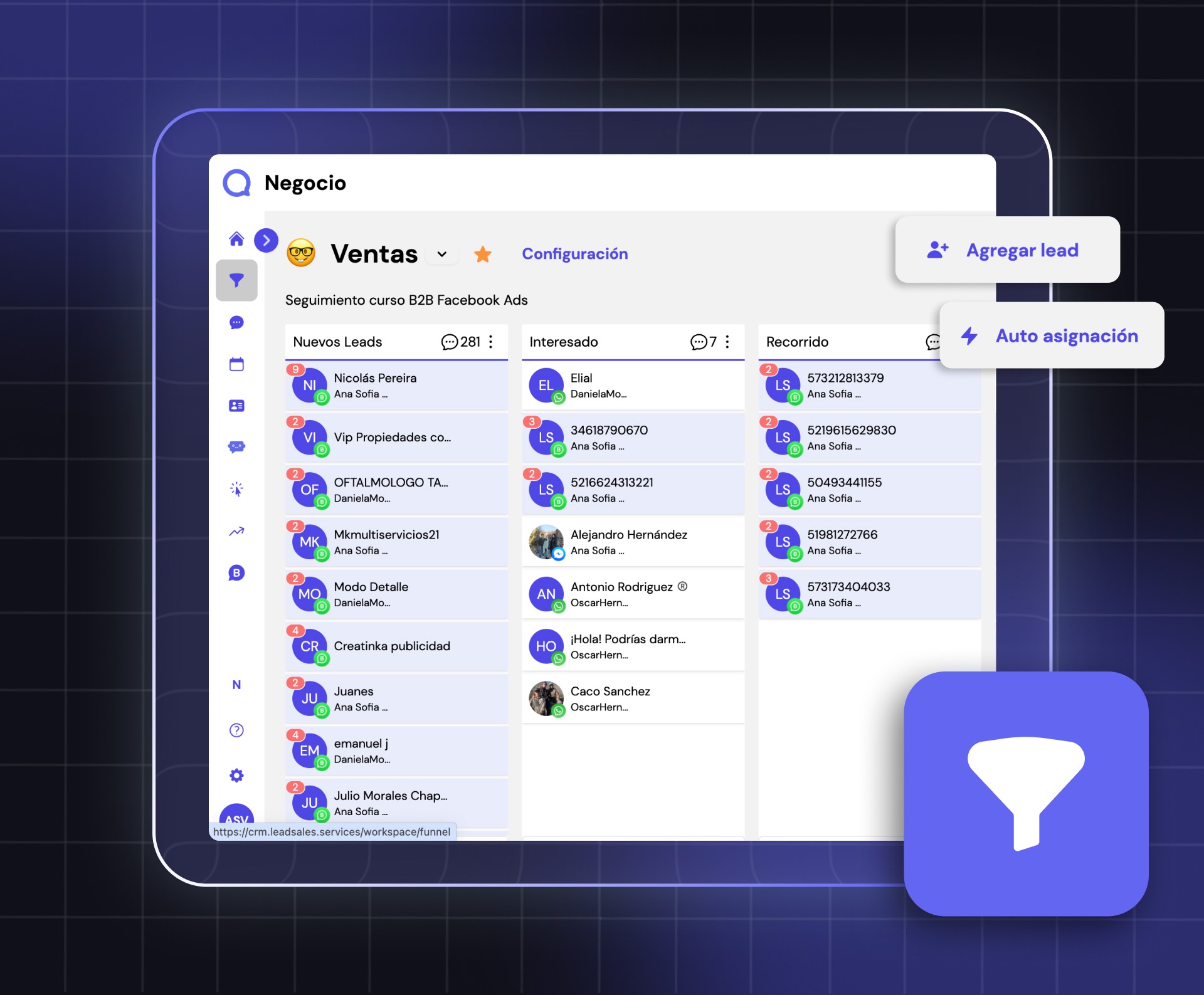 Tablero visual de Leadsales con tarjetas de conversaciones en distintas etapas del funnel de ventas.