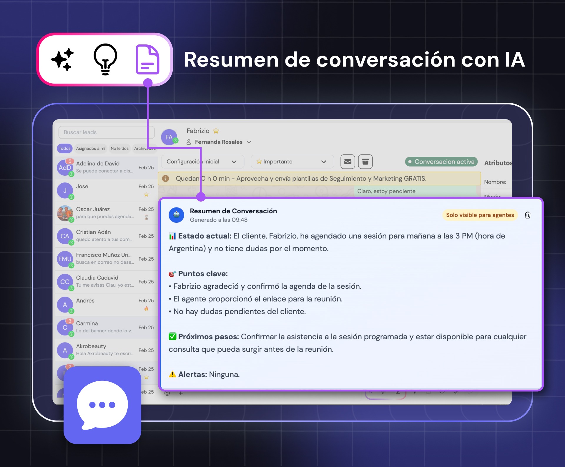 Resumen de conversación generado por IA en Leadsales, visible solo para agentes, con estado actual del lead Fabrizio, puntos clave de la conversación, próximos pasos y alertas.